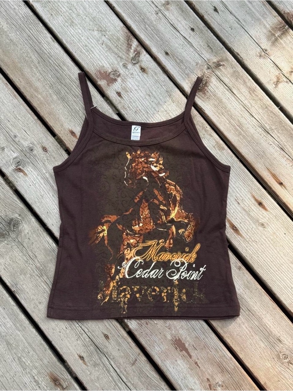 Gaziani Y2K brown tank top with gold horse graphic